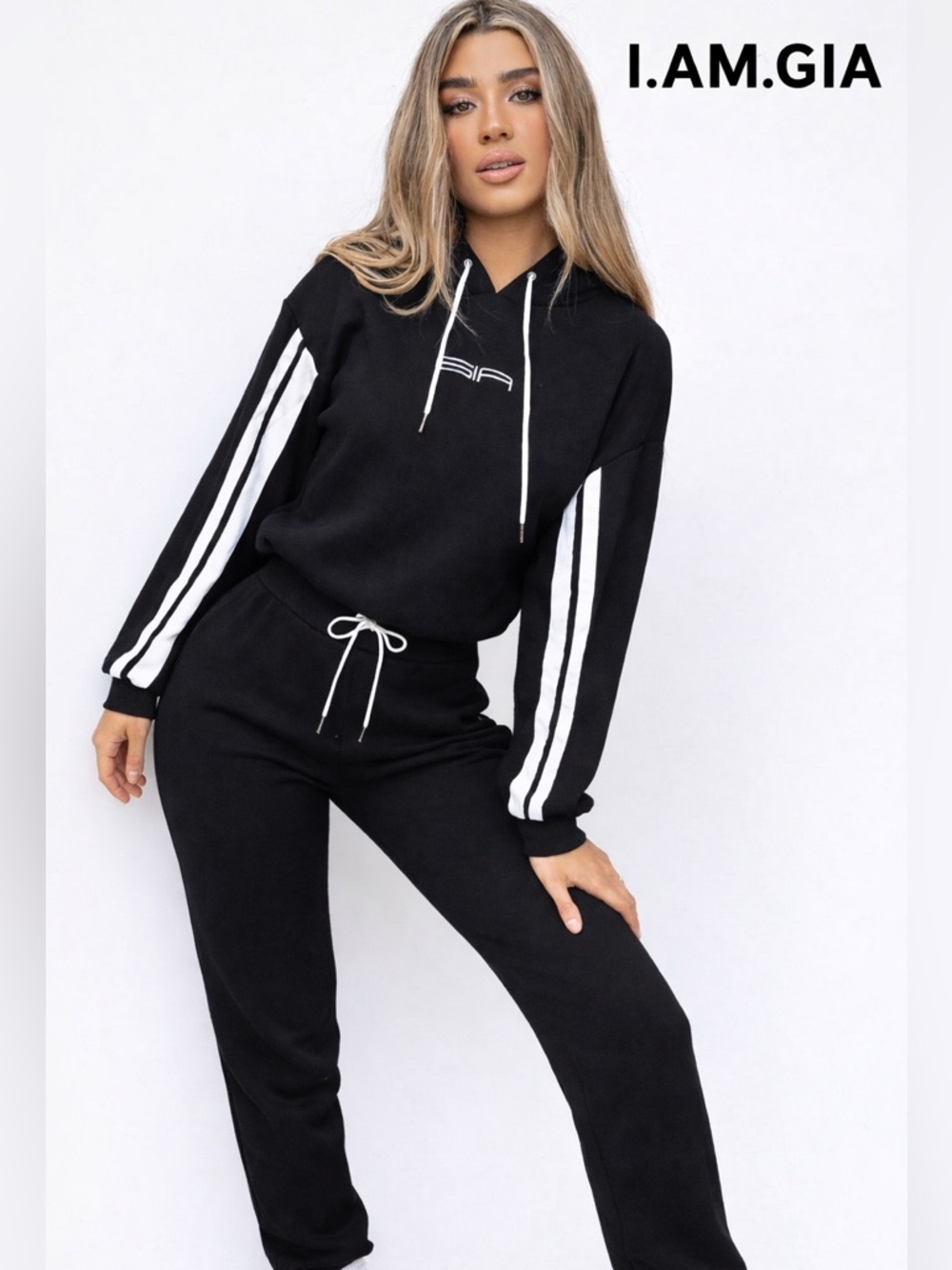 I.AM.GIA Striker Hoodie NWT Black Fleece Lined Striped Sleeve  Size Small